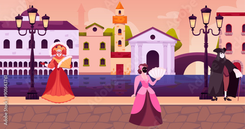 Medieval town street with Venice carnival characters, vector people in masquerade costume and mask, Venetian festival