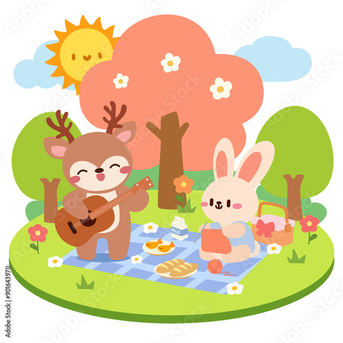 Cute Deer and Bunny Picnic in a Sunny Park. Adorable Cartoon Picnic with Deer and Bunny Friends. Kawaii Animal Friends Enjoying a Picnic Outdoors. © NumbleRay