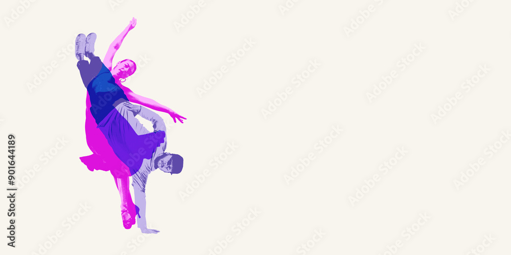 Obraz premium Blend of classical and modern dance, portraying a graceful woman and energetic breakdancer in fluid motion. Contemporary art collage. Concept of dance styles, performance. Double exposure effect