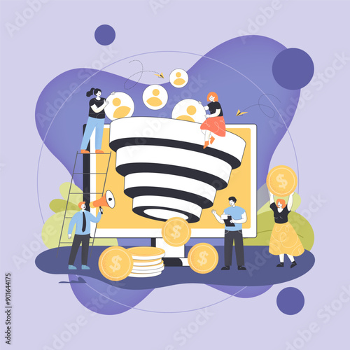 SMM managers attracting new followers flat vector illustration. Tiny people generating new subscribers or audience using funnel sales, increasing conversion rates. Social media, monetization concept