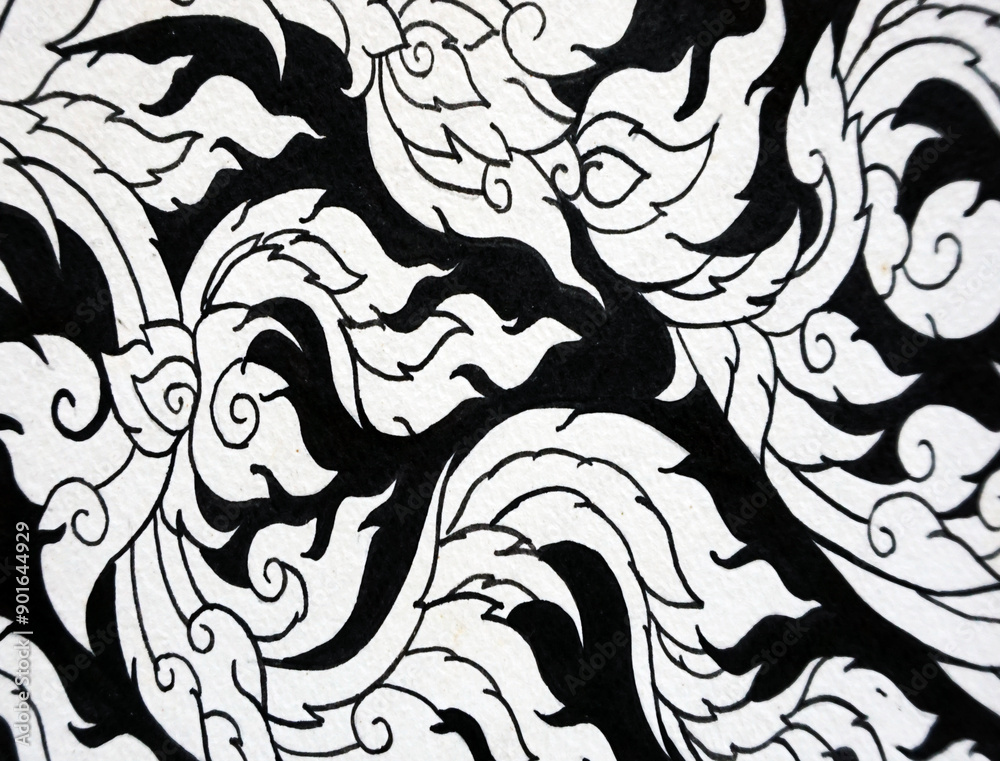 Obraz premium hand drawn original impressionism art painting thai kranok pattern ancient thailand 