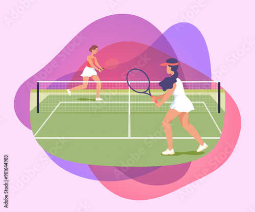 Two female tennis players with rackets on court. Women playing tennis together outside flat vector illustration. Tennis, competition, sports concept for banner, website design or landing web page