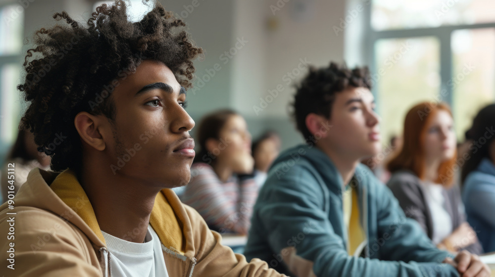 Diverse students engaged in active learning in a modern classroom setting during daytime