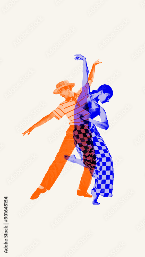 Obraz premium Vibrant fusion of classical elegance and modern street dance, featuring two dancers in dynamic poses. Contemporary art collage. Concept of dance styles, performance, hobby. Double exposure effect