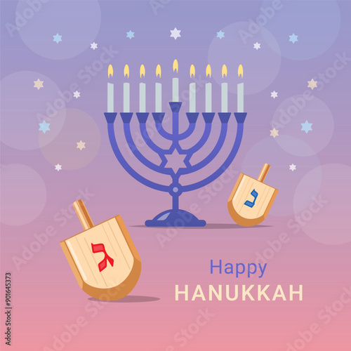Hanukkah Menorah candles and wooden toy Dreidels on shiny background. Happy Hanukkah vector design for greeting card, banner, poster