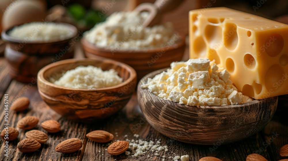 Artisan Cheese and Creamy Curd Displayed in Rustic Bowls on Wooden Table. Generative AI Artisan Cheese and Creamy Curd Displayed in Rustic Bowls on Wooden Table. Generative AI
