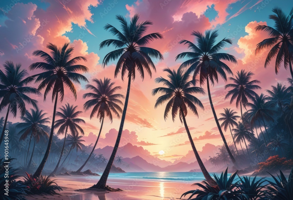 Craft a digital art piece depicting a tropical landscape with palm trees in muted pastel colors. Craft a digital art piece depicting a tropical landscape with palm trees in muted pastel colors.