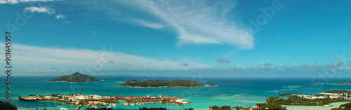 Bird eye view of paradise islands seascape. Blue sky. Panorama. Seychelles.