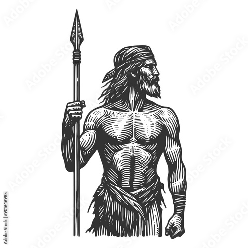 prehistoric caveman holding a spear, showcasing primitive human life and ancient survival tools sketch engraving generative ai vector illustration. Scratch board imitation. Black and white image.
