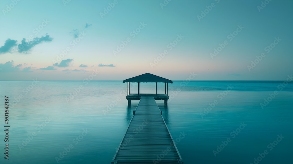 Peaceful Maldives Jetty at Dusk with Serene Turquoise Waters and Clear Sky Peaceful Maldives Jetty at Dusk with Serene Turquoise Waters and Clear Sky