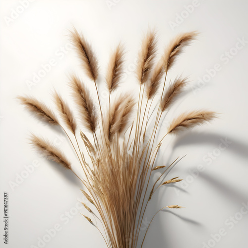 A cinematic photo of dried hare's-tail grass in a flat lay arrangement