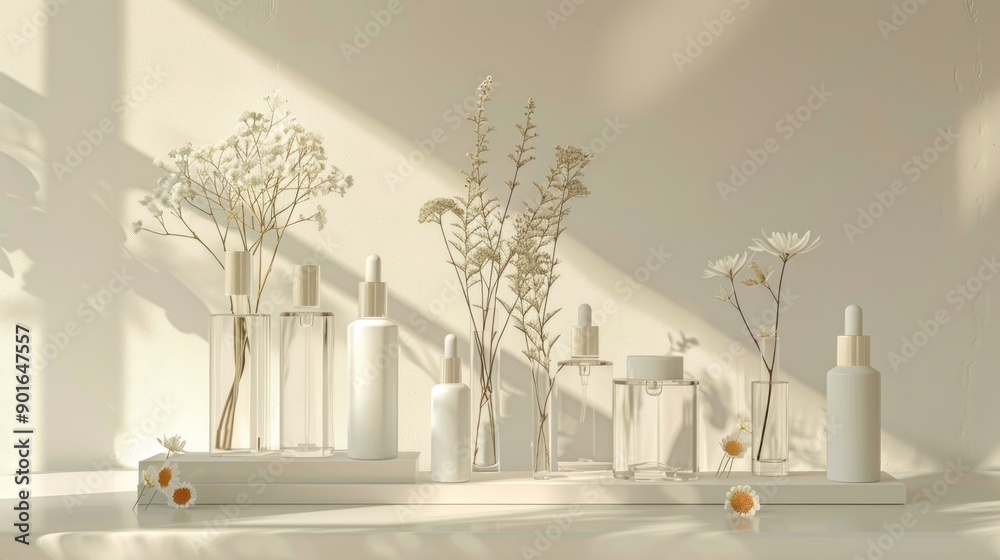 Minimalist skincare bottles with flowers in soft lighting. Minimalist skincare bottles with flowers in soft lighting.