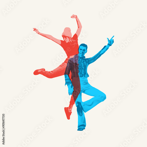Sticker Lively blend of classical and modern dance, featuring female breakdancer and retro dancer in dynamic poses