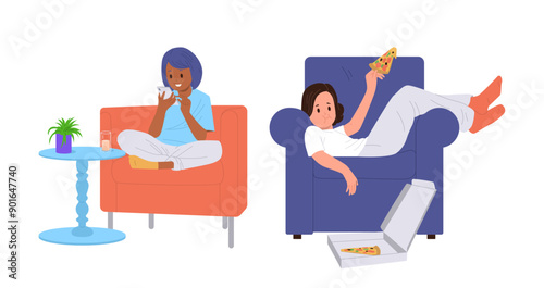 Preteen lazy relaxed girls cartoon characters chatting friends in social media and eating pizza