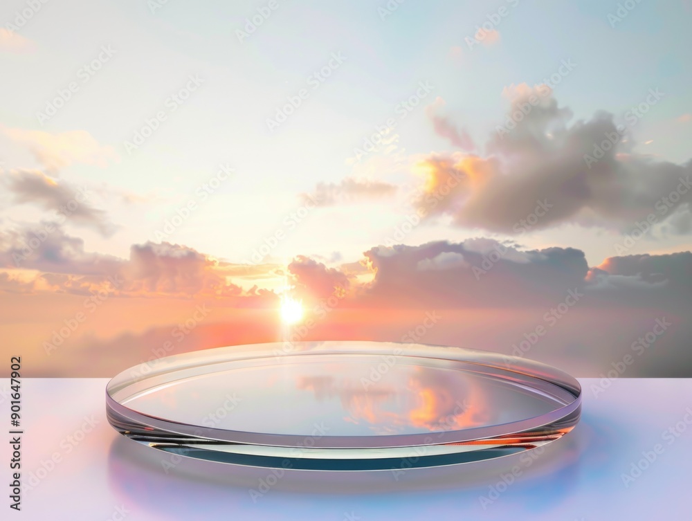 A large glass bowl with a sun reflecting in it. The sky is cloudy and the sun is setting A large glass bowl with a sun reflecting in it. The sky is cloudy and the sun is setting