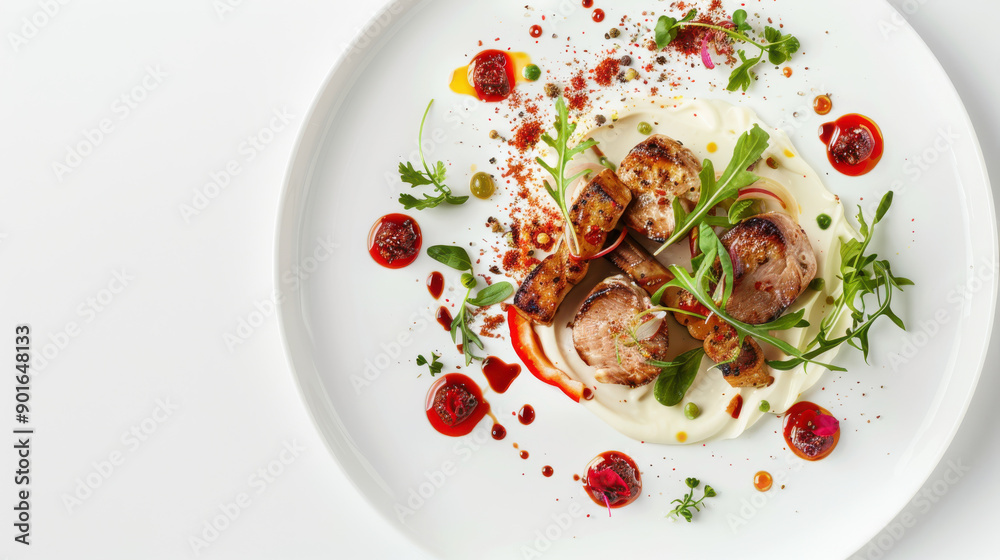 A fine dining plate, elegantly presented with minimalistic gourmet dishes, focusing on diversity A fine dining plate, elegantly presented with minimalistic gourmet dishes, focusing on diversity