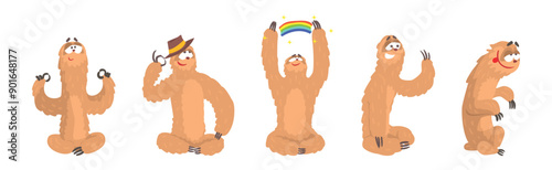 Funny Sloth Character Engaged in Different Activity Vector Set