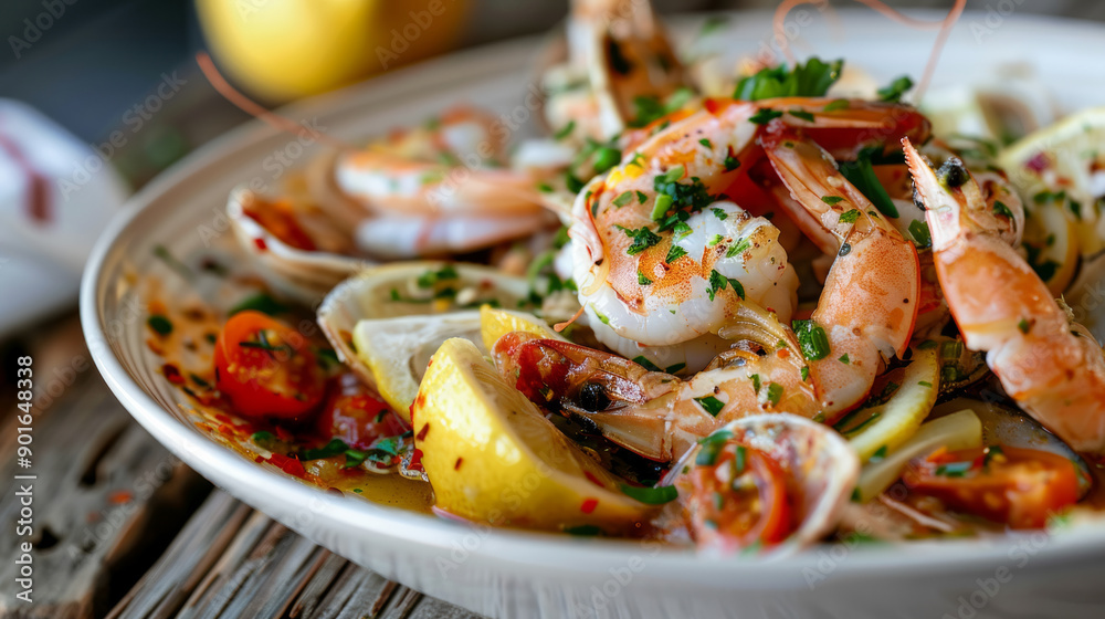 Delicious fresh seafood dish served with lemon and colorful vegetables in a cozy restaurant setting Delicious fresh seafood dish served with lemon and colorful vegetables in a cozy restaurant setting
