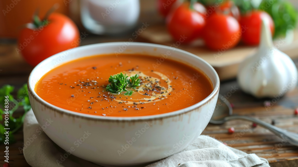 Deliciously fresh vegetable soup served in a rustic bowl with herbs and spices Deliciously fresh vegetable soup served in a rustic bowl with herbs and spices