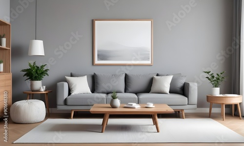 Modern living room with a gray sofa, a wooden coffee table, and blank framed Canvas on the wall. The room has a minimalist and cozy atmosphere