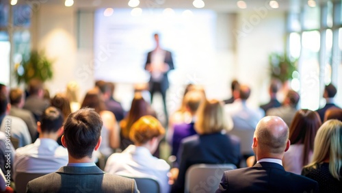 Event Presentation with Soft Focus Audience - A presenter at an event with a soft focus on the audience in the background.
