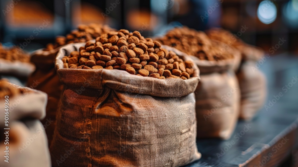 Richly Packed Burlap Sacks Overflowing With Organic Nuts in a Rustic Marketplace Early Morning. Generative AI Richly Packed Burlap Sacks Overflowing With Organic Nuts in a Rustic Marketplace Early Morning. Generative AI