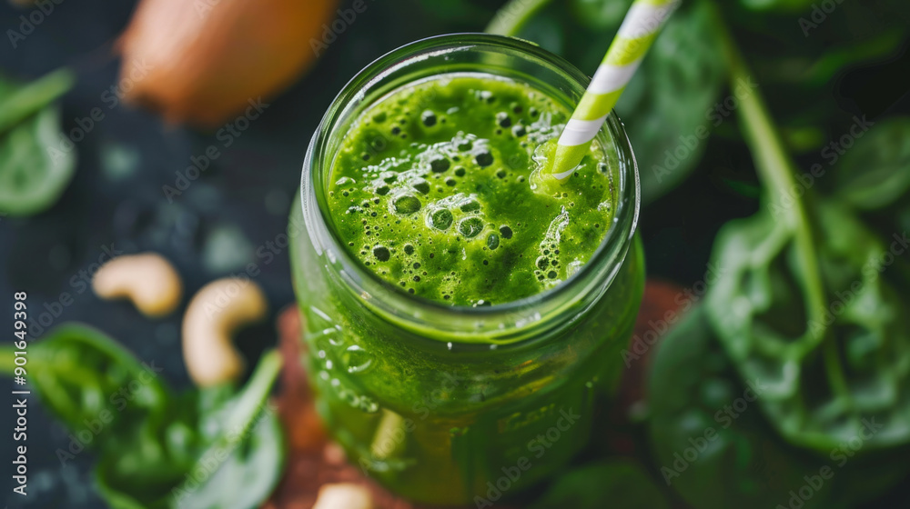 Fresh green smoothie in glass jar surrounded by spinach and cashews on dark surface Fresh green smoothie in glass jar surrounded by spinach and cashews on dark surface