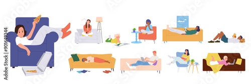 Lazy relaxed people cartoon characters spending time at home with food, book and gadget isolated set