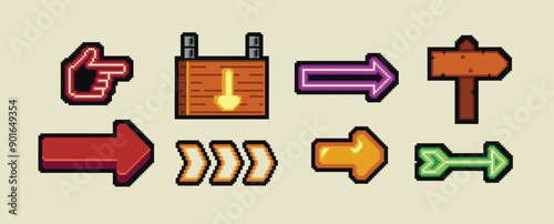 8 Bit pixel arrows vector big set of icons, collection of arrow direction cursors in old PC or gaming console style, single color symbols