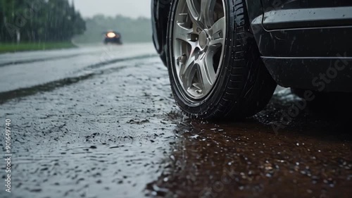 Car tire on a wet road in rainy day