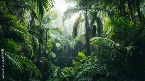 Rainforest with towering trees and dense vegetation