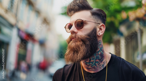 Man with intricate beard style stands confidently on busy street in daylight photo