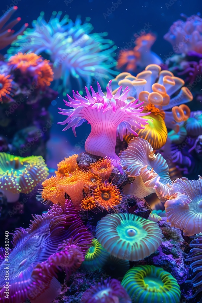 Fototapeta premium Colorful coral reef with various marine life, underwater lighting, macro shot, vibrant oceanic scene