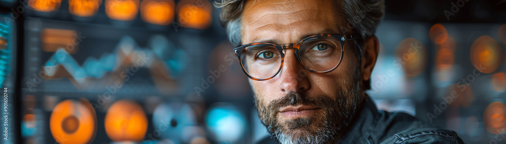 Confident man in glasses, arms crossed, in front of data screens with graphs and charts Confident man in glasses, arms crossed, in front of data screens with graphs and charts