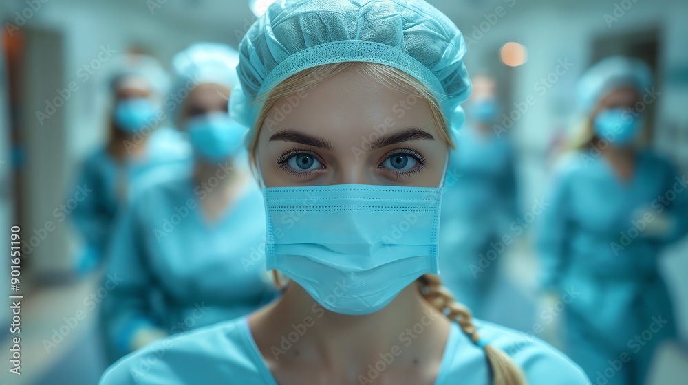 Group of healthcare workers in scrubs, masks on, hospital corridor, serious expressions Group of healthcare workers in scrubs, masks on, hospital corridor, serious expressions
