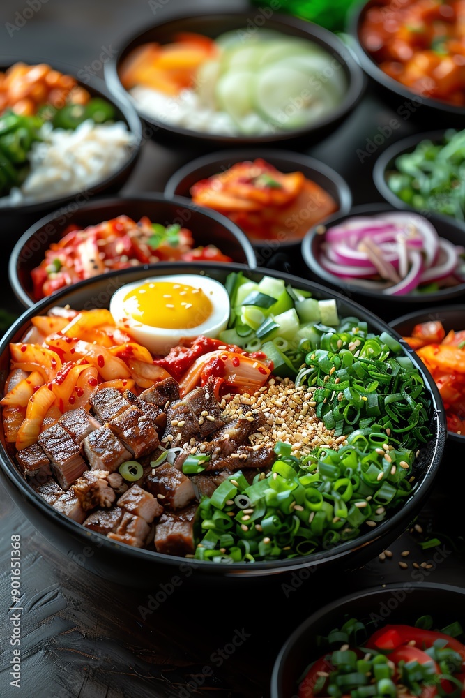 Korean bibimbap with assorted side dishes, black bowls, overhead view Korean bibimbap with assorted side dishes, black bowls, overhead view