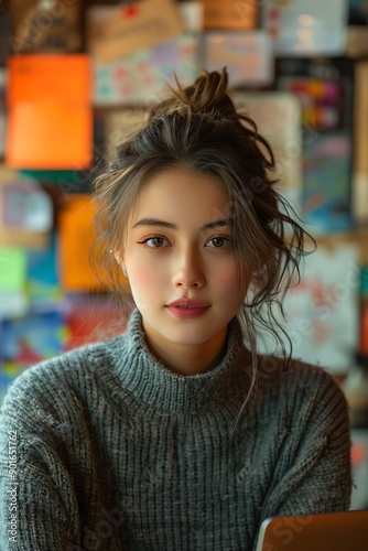Woman focused on laptop, colorful notes on wall