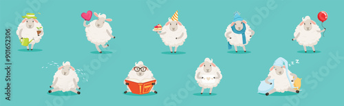 Wooly White Sheep Character Engaged in Different Activity Vector Set