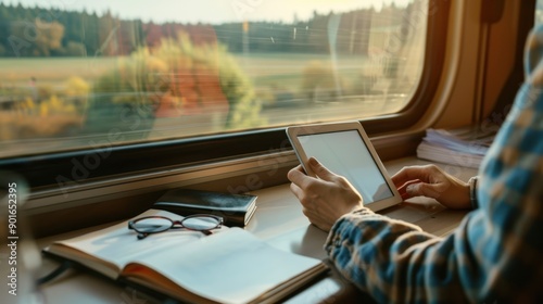 The Hands Holding Tablet on Train photo