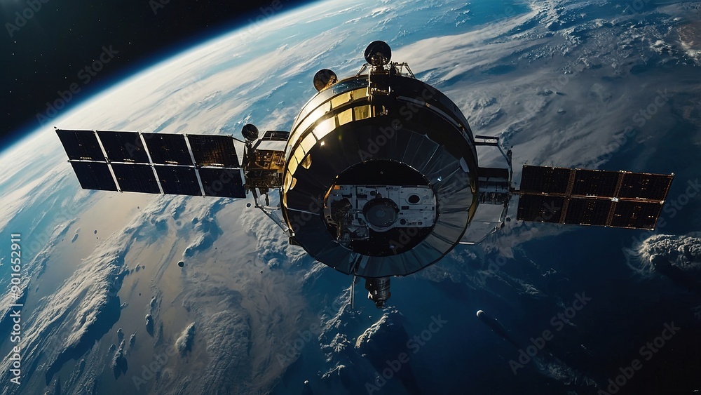 A spacecraft orbits Earth, showcasing its exterior with solar panels. White clouds and a blue ocean are visible below, highlighting the vastness of space.