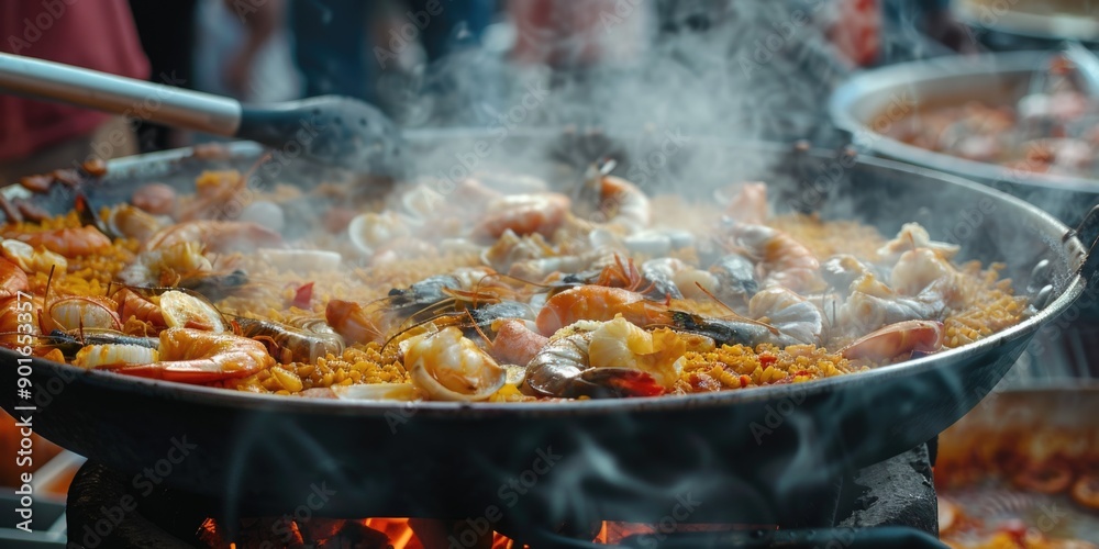 A large pan of food is being cooked on a stove with a lot of steam coming from it A large pan of food is being cooked on a stove with a lot of steam coming from it