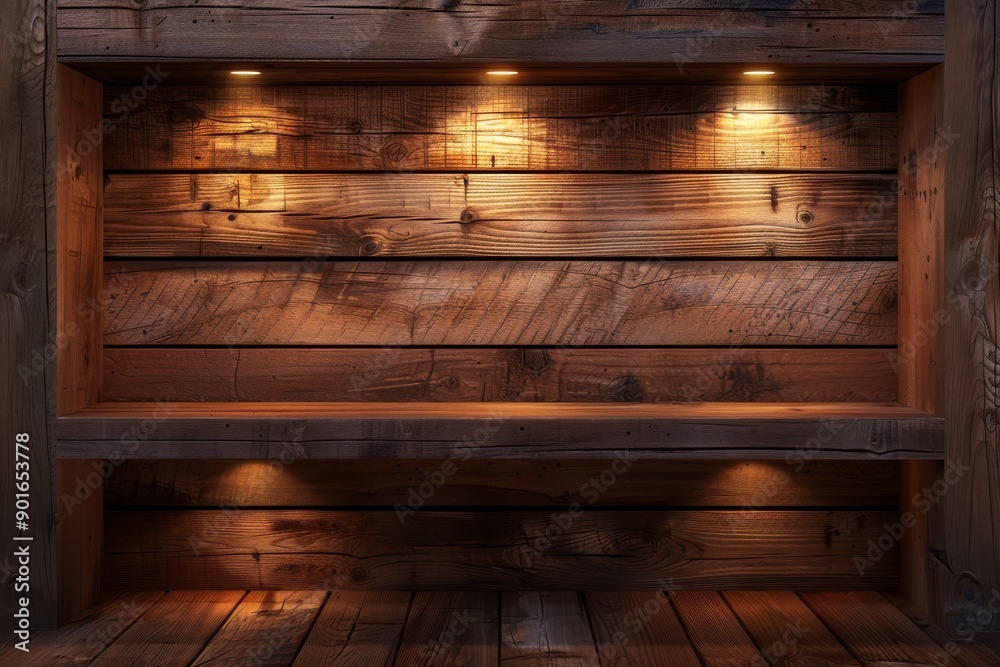 Illuminated wooden shelf with spotlights against a rustic wooden background Illuminated wooden shelf with spotlights against a rustic wooden background
