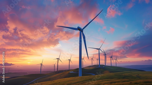 wind turbines on hills, against a pink and golden sunset sky, Renewable energy scene, Environmental sustainability photo