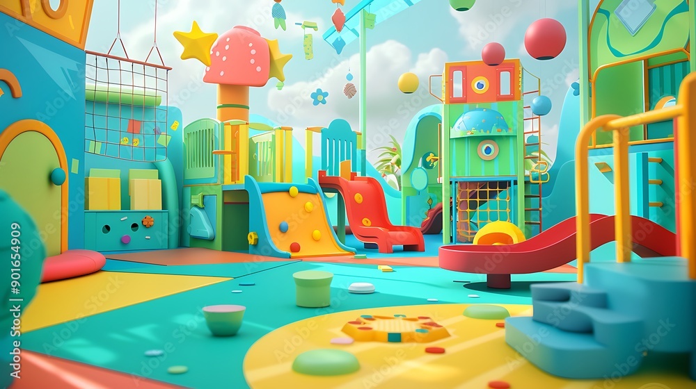 Childrens TV show set with bright, colorful playground like elements and props. Childrens TV show set with bright, colorful playground like elements and props.