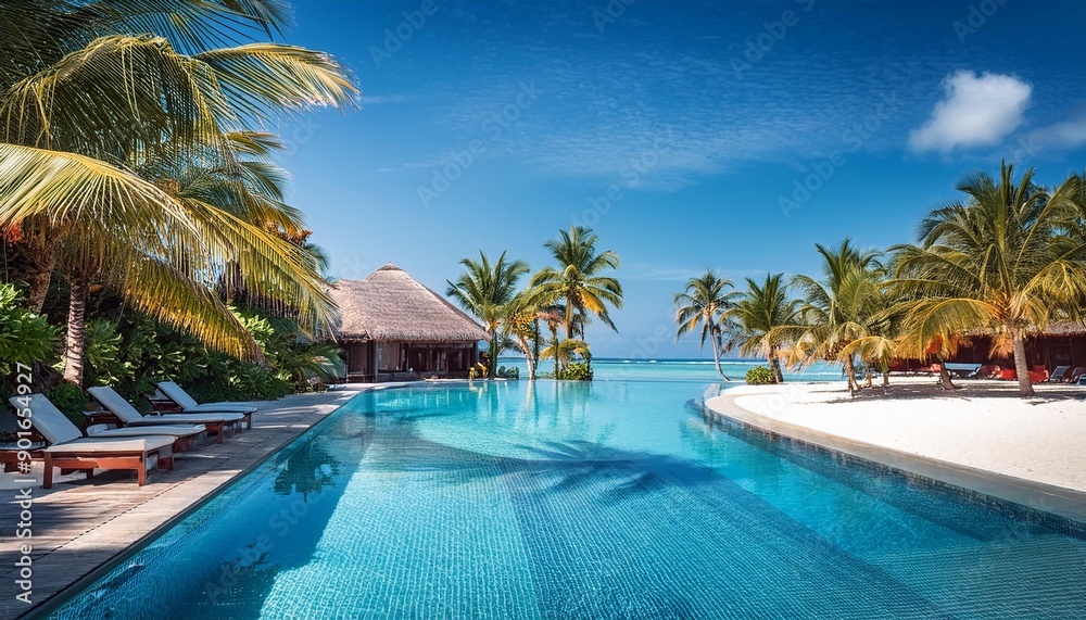 Fototapeta premium A luxurious tropical resort featuring a pristine swimming pool, palm trees, sun loungers, and stunning ocean views under a clear blue sky.
