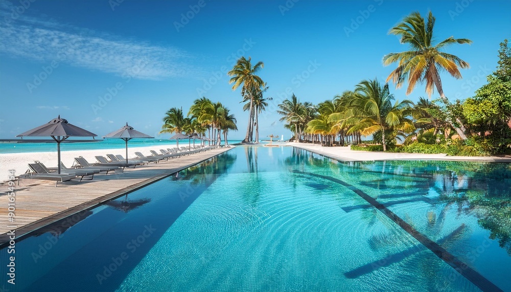Fototapeta premium A stunning beach resort featuring an expansive infinity pool lined with palm trees, sun loungers, and umbrellas, overlooking the ocean.