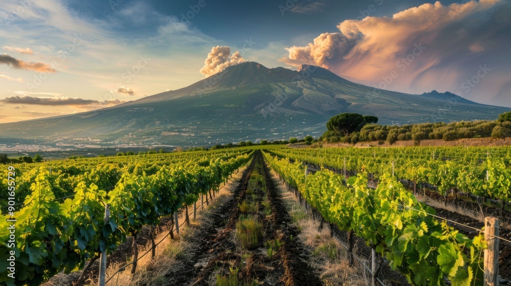 A vineyard with a mountain in the background A vineyard with a mountain in the background