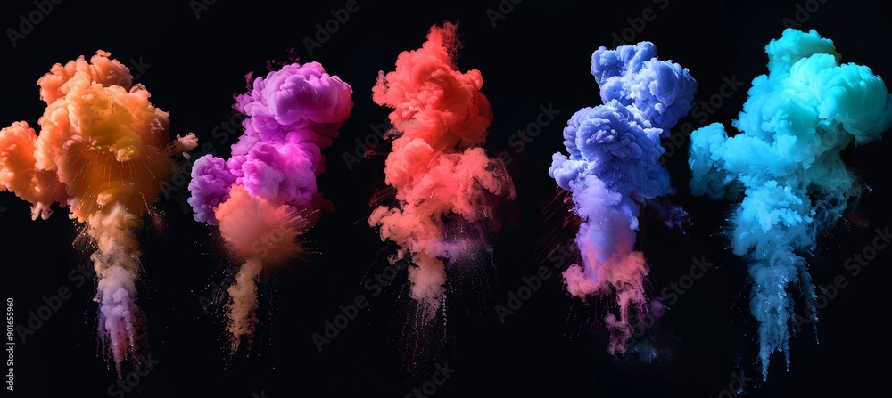 Vivid smoke bursts isolated on dark background for creative artwork Vivid smoke bursts isolated on dark background for creative artwork