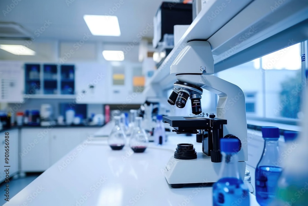 A lab bench with a microscope on it. The lab bench is full of various scientific equipment and bottles A lab bench with a microscope on it. The lab bench is full of various scientific equipment and bottles