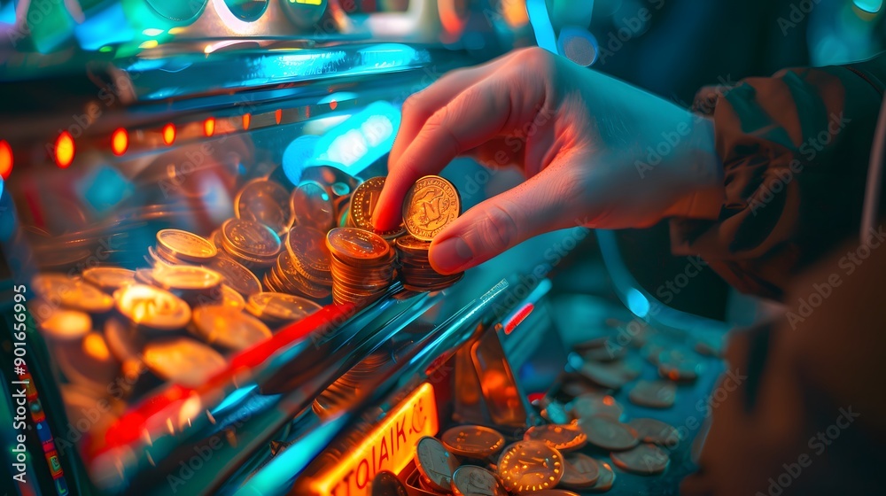 Collecting Slot Machine Winnings: Hands scooping up coins from a slot machine tray, the machine flashing and ringing.
Collecting Slot Machine Winnings: Hands scooping up coins from a slot machine tray, the machine flashing and ringing.